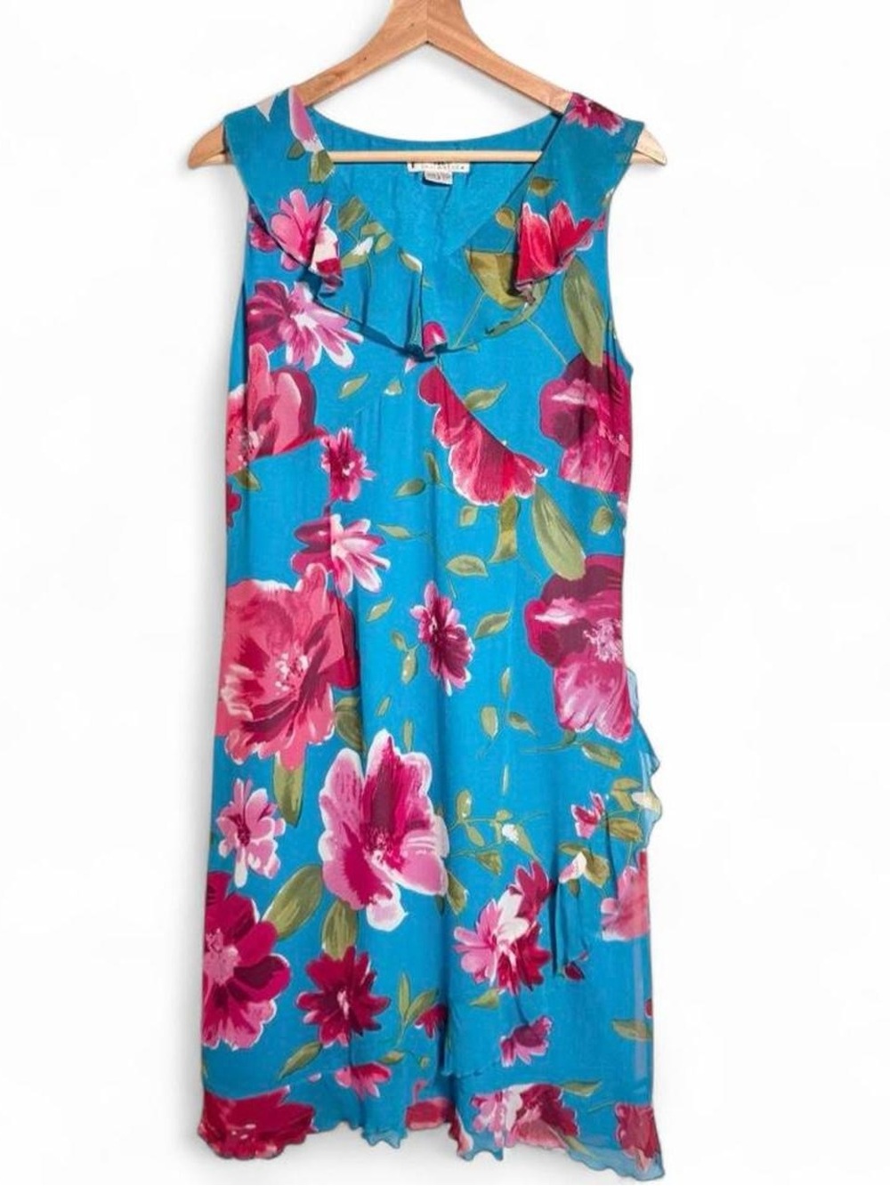 🌸 100% Silk Blue Floral Cocktail Dress Garden Party Romantic Vintage Size 8
